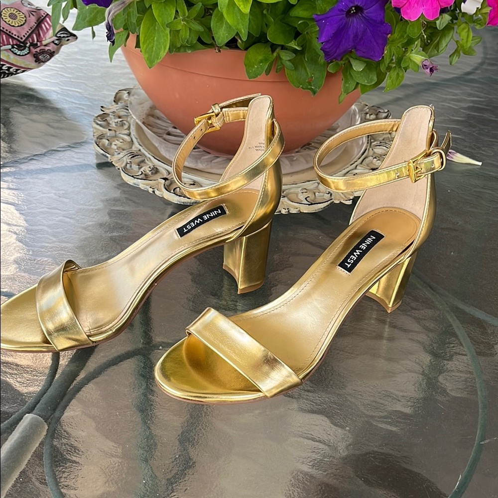 Nine West Metallic Gold Block Heel Sandals